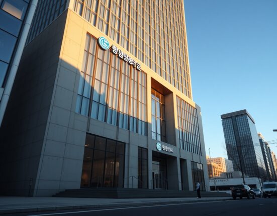 Exterior of a modern financial building in Seoul representing Bithumb exchange