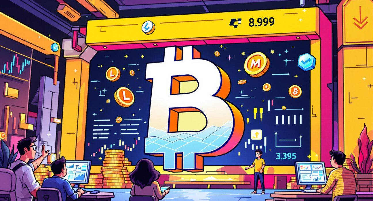 Vibrant cartoon showing new tokens entering a crypto exchange, symbolizing the upcoming Bithumb listing of LISTA and MERL pairs.
