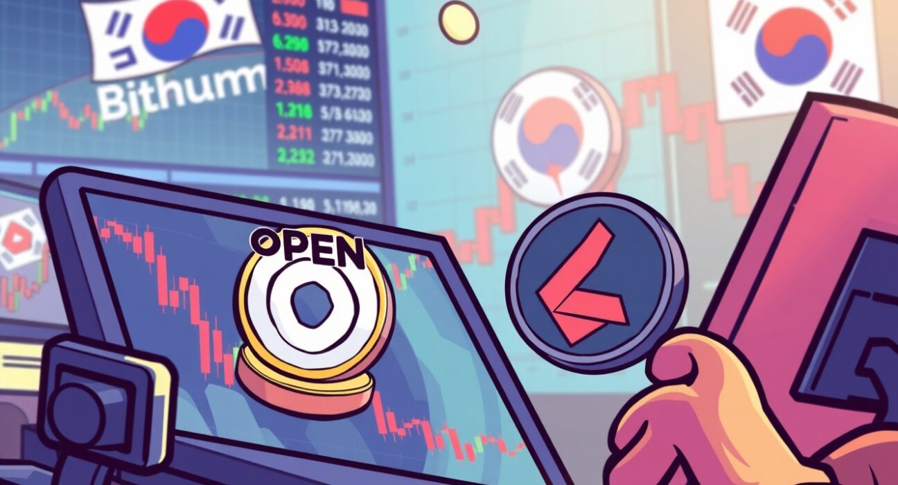 A vibrant cartoon showing new Bithumb listings for OPEN and Linea on a trading screen, symbolizing exciting crypto opportunities.