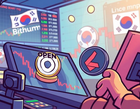 A vibrant cartoon showing new Bithumb listings for OPEN and Linea on a trading screen, symbolizing exciting crypto opportunities.