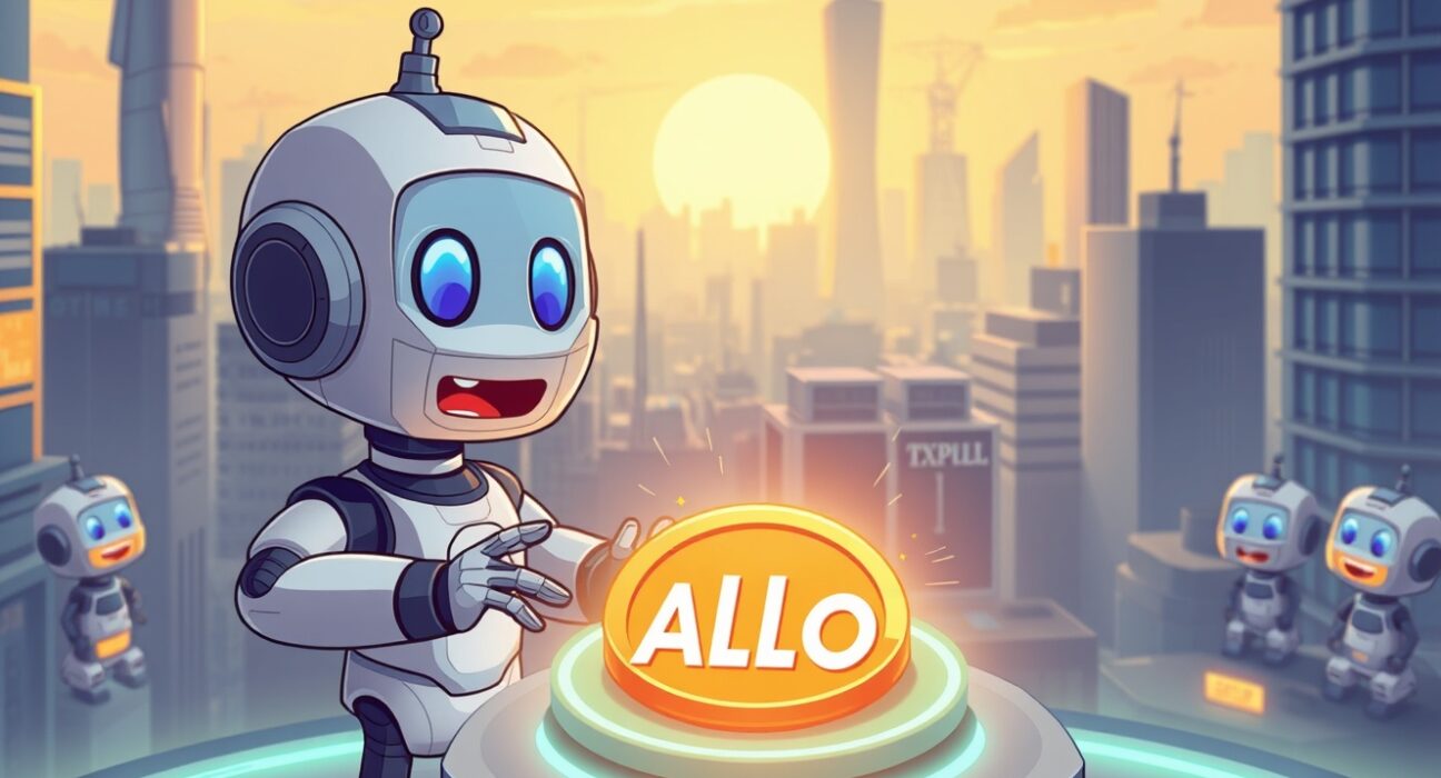 Bithumb lists Alora (ALLO) coin on its exchange for Korean won trading, depicted in a vibrant cartoon scene.
