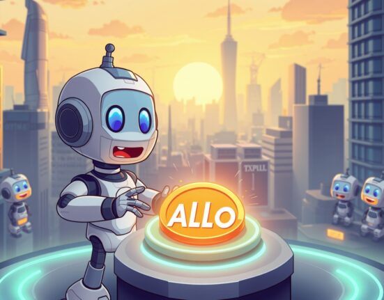 Bithumb lists Alora (ALLO) coin on its exchange for Korean won trading, depicted in a vibrant cartoon scene.