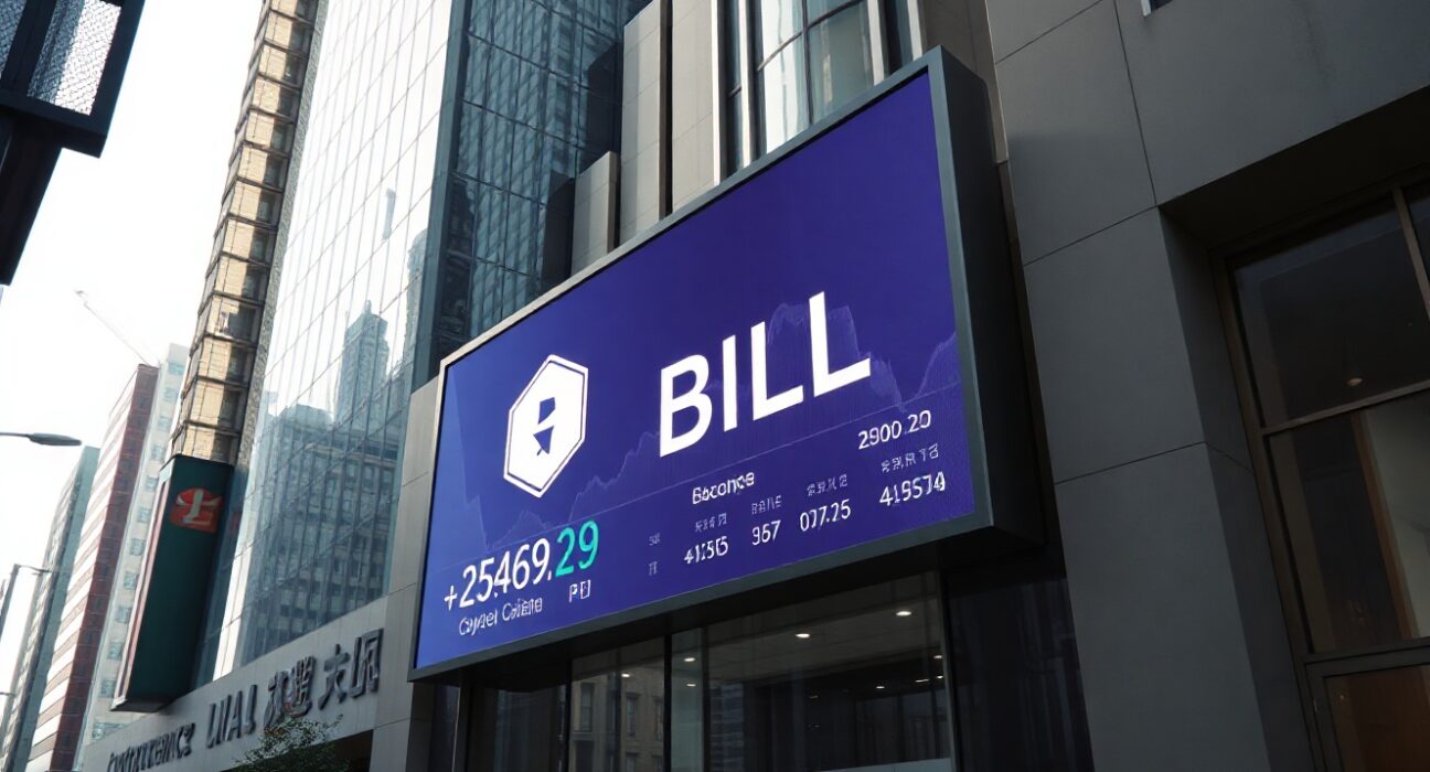Seoul financial district building with digital display showing BILL cryptocurrency price charts
