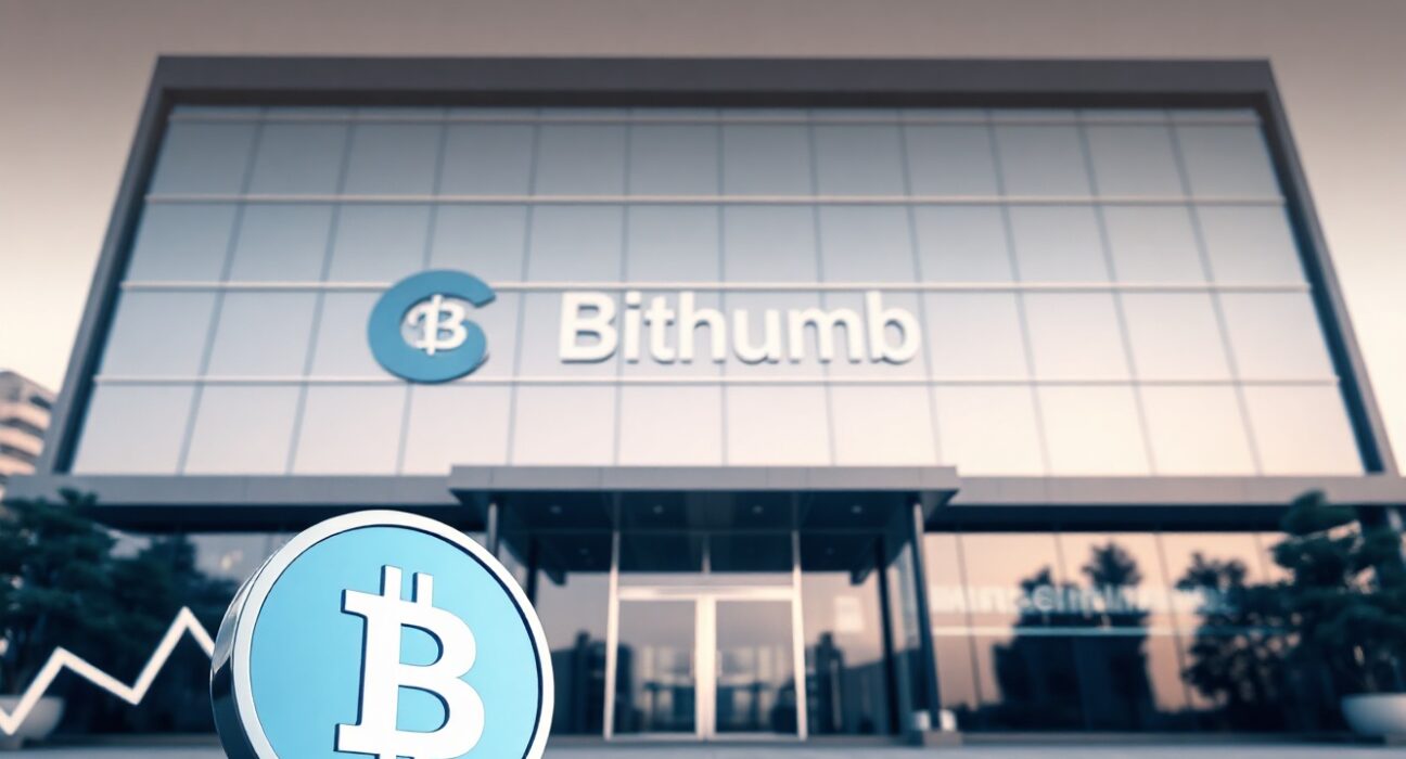 Bithumb office building in Seoul with digital overlay of BSB token and candlestick chart