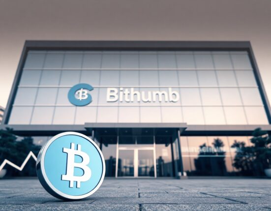 Bithumb office building in Seoul with digital overlay of BSB token and candlestick chart