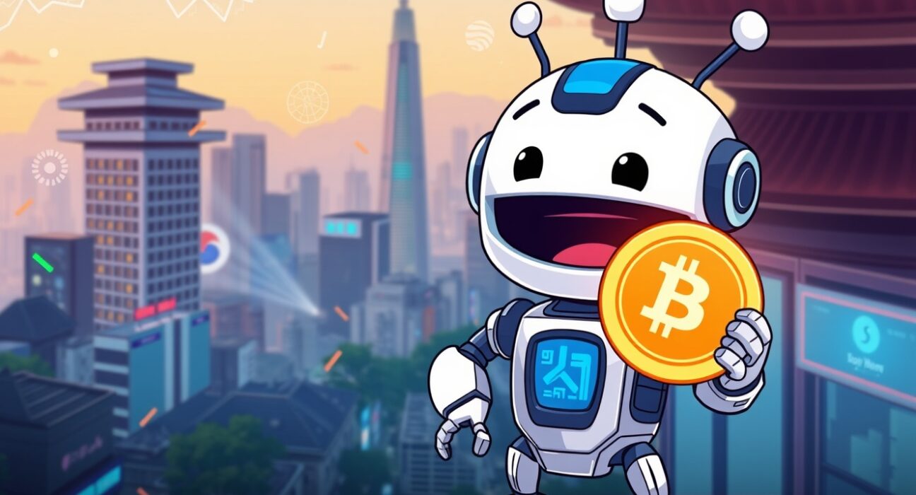 A vibrant cartoon illustration symbolizing Bithumb listing BOB and TRAC tokens on its digital exchange platform.
