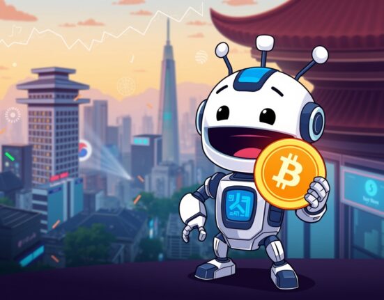 A vibrant cartoon illustration symbolizing Bithumb listing BOB and TRAC tokens on its digital exchange platform.