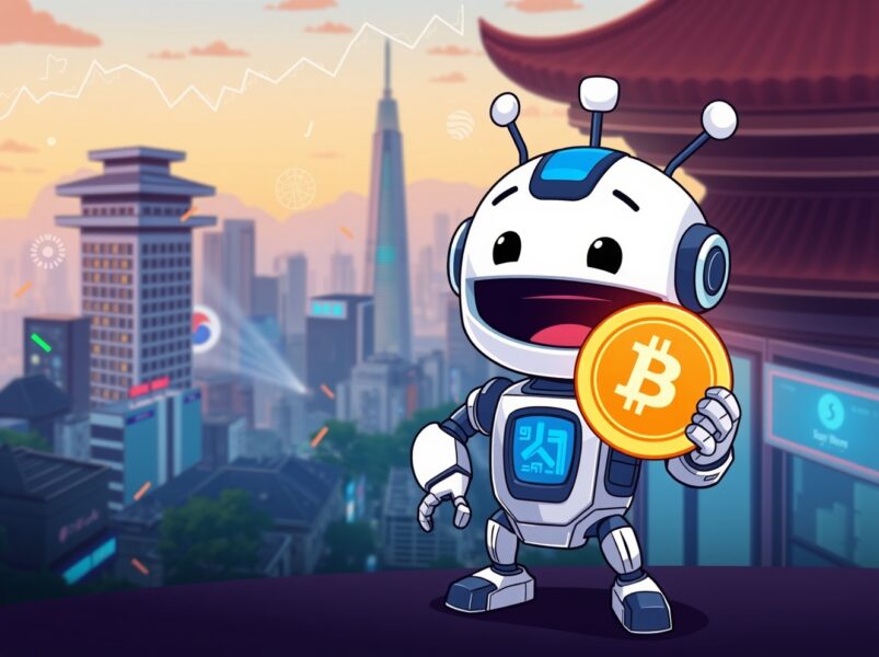 A vibrant cartoon illustration symbolizing Bithumb listing BOB and TRAC tokens on its digital exchange platform.