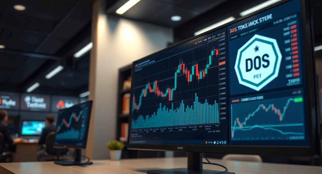 Bithumb exchange listing DappOS (DOS) for KRW trading, with digital charts on a trading screen