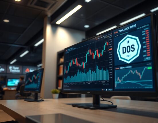 Bithumb exchange listing DappOS (DOS) for KRW trading, with digital charts on a trading screen