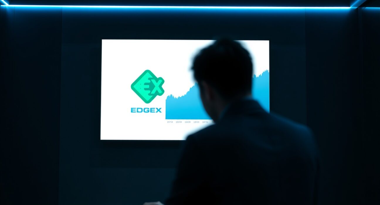 Digital display showing EdgeX (EDGEX) token price chart in a modern trading office in Seoul.