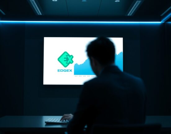 Digital display showing EdgeX (EDGEX) token price chart in a modern trading office in Seoul.