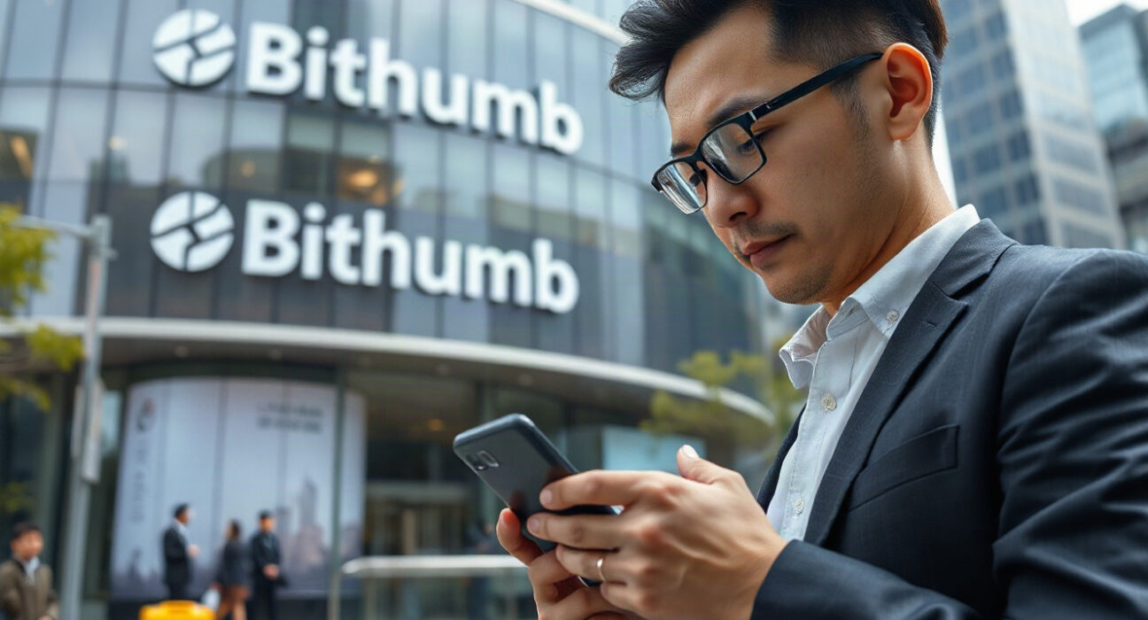 Bithumb headquarters in Seoul with financial analyst checking crypto prices on smartphone