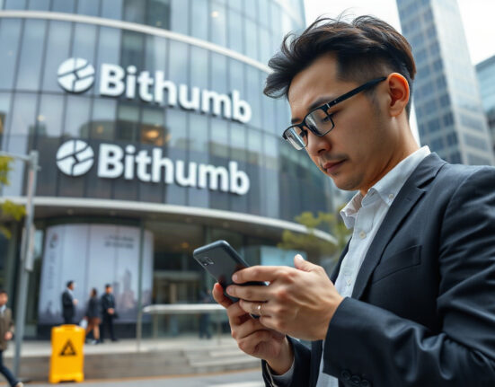 Bithumb headquarters in Seoul with financial analyst checking crypto prices on smartphone