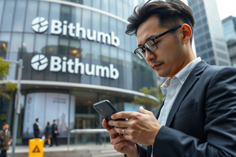 Bithumb headquarters in Seoul with financial analyst checking crypto prices on smartphone