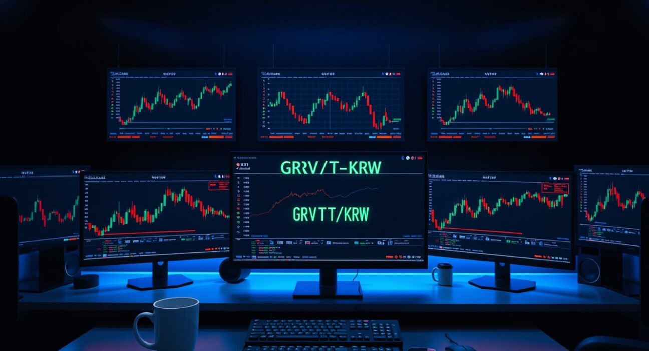 Bithumb exchange adds GRVT/KRW trading pair, traders monitor cryptocurrency charts on multiple screens