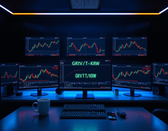 Bithumb exchange adds GRVT/KRW trading pair, traders monitor cryptocurrency charts on multiple screens