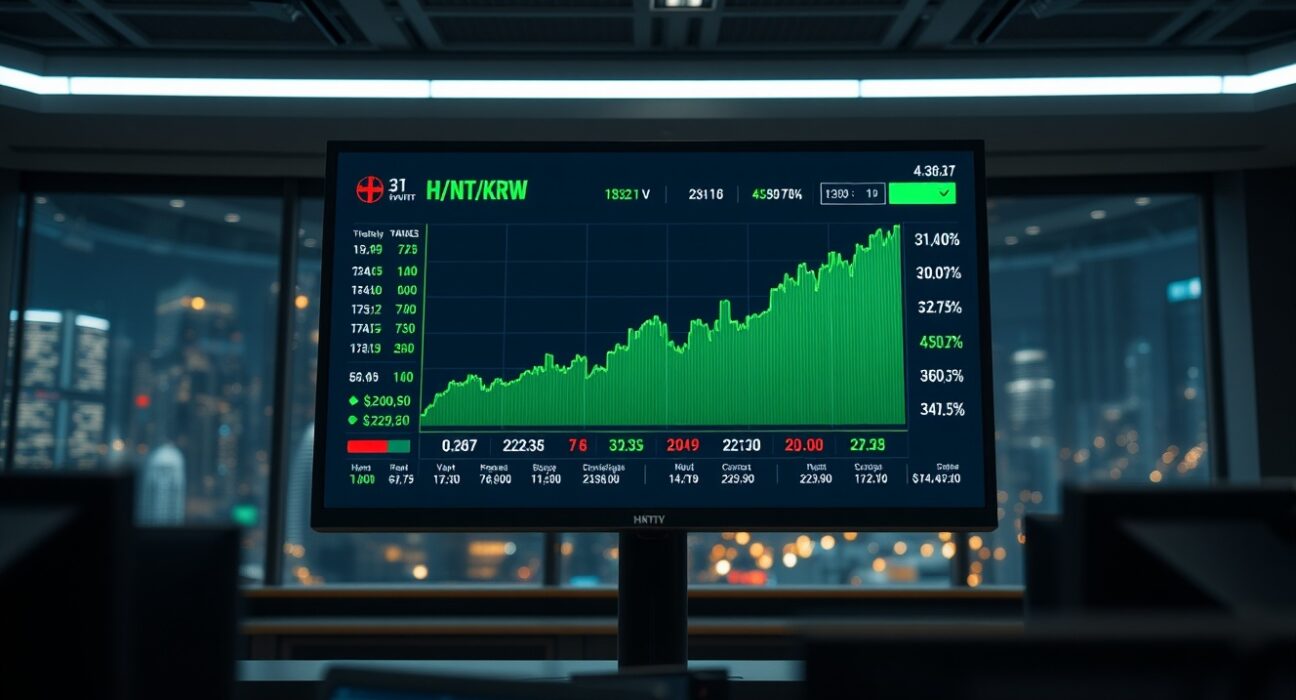 Bithumb exchange trading interface showing HNT/KRW pair with price charts