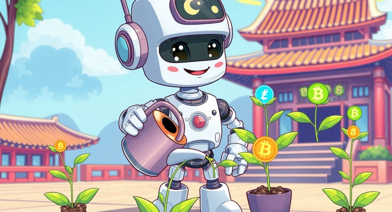 A cartoon robot nurturing digital plants with crypto symbols, representing the growth potential of the Bithumb WET listing.