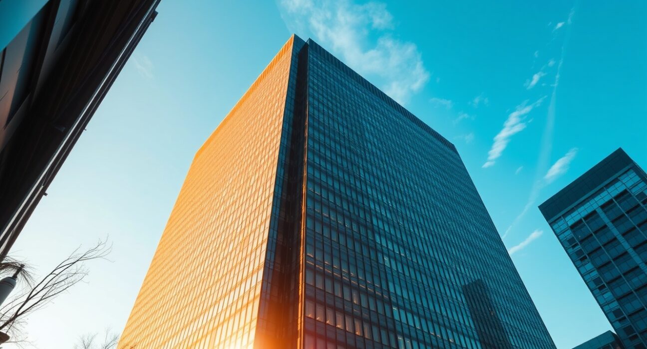 Exterior of a modern high-rise building in Seoul, South Korea, representing the headquarters of a major cryptocurrency exchange.
