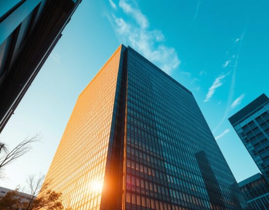 Exterior of a modern high-rise building in Seoul, South Korea, representing the headquarters of a major cryptocurrency exchange.
