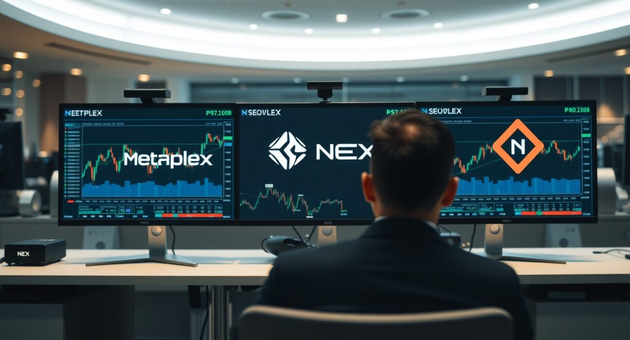 Bithumb exchange trading desk with Metaplex and Nexus logos on monitors