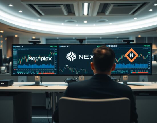 Bithumb exchange trading desk with Metaplex and Nexus logos on monitors