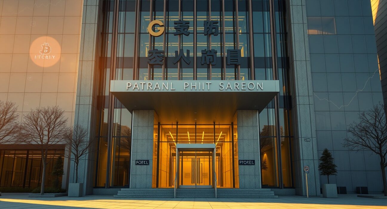 Exterior of a modern financial building in Seoul with digital cryptocurrency symbols overlay