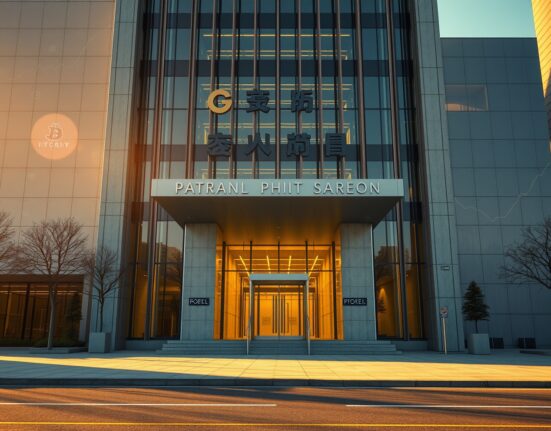 Exterior of a modern financial building in Seoul with digital cryptocurrency symbols overlay