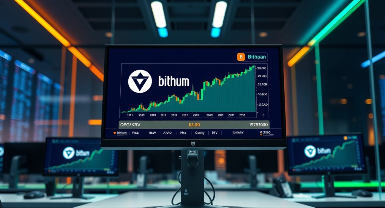 Bithumb trading desk monitors showing OPG/KRW price chart and exchange interface