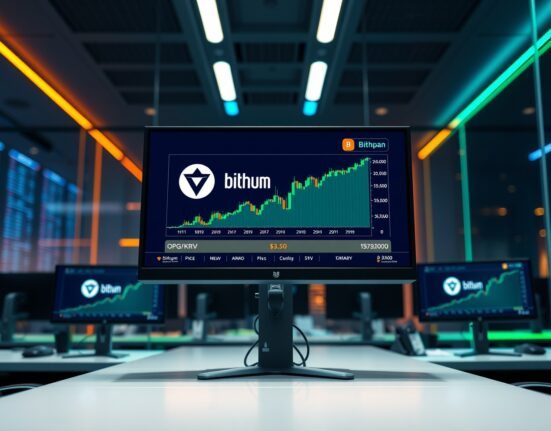 Bithumb trading desk monitors showing OPG/KRW price chart and exchange interface