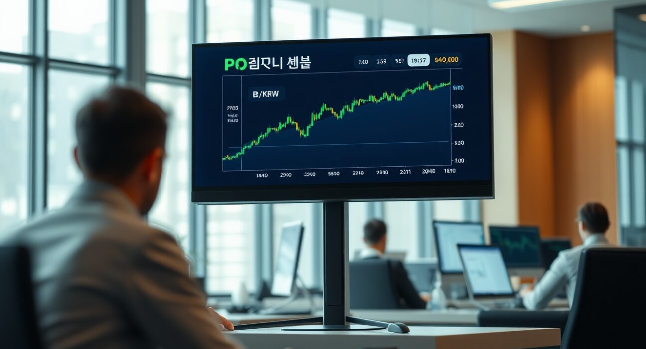 Bithumb exchange trading interface showing PROS token and KRW trading pair on a monitor in a professional office setting