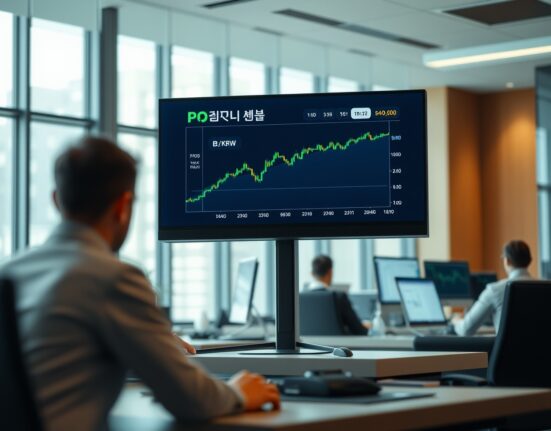 Bithumb exchange trading interface showing PROS token and KRW trading pair on a monitor in a professional office setting