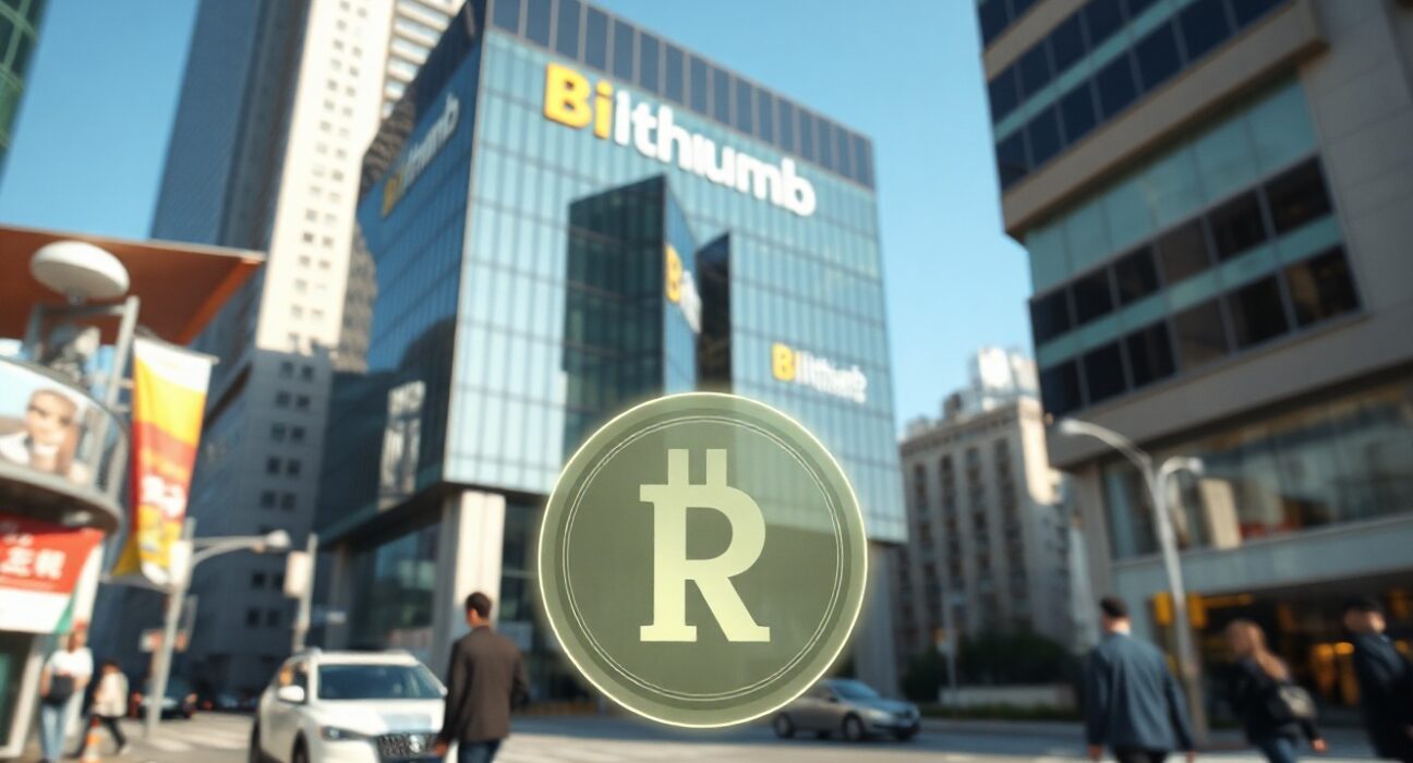 Bithumb exchange building in Seoul with RE token symbol in foreground