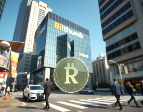 Bithumb exchange building in Seoul with RE token symbol in foreground