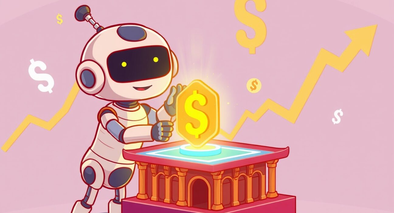 A vibrant cartoon of the SAPIEN token being listed for KRW trading on the Bithumb crypto exchange platform.