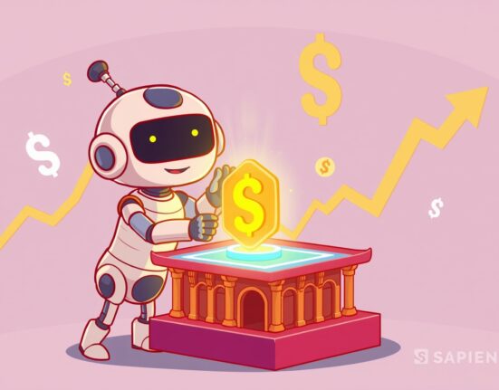 A vibrant cartoon of the SAPIEN token being listed for KRW trading on the Bithumb crypto exchange platform.