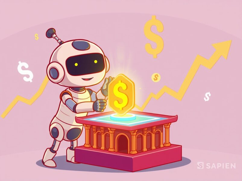 A vibrant cartoon of the SAPIEN token being listed for KRW trading on the Bithumb crypto exchange platform.