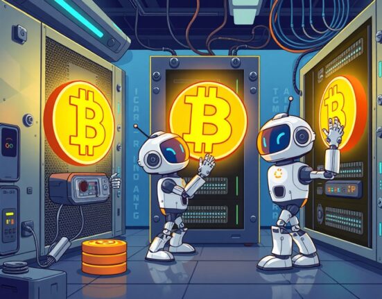 Bithumb maintenance robots performing an essential system upgrade to enhance digital asset security.