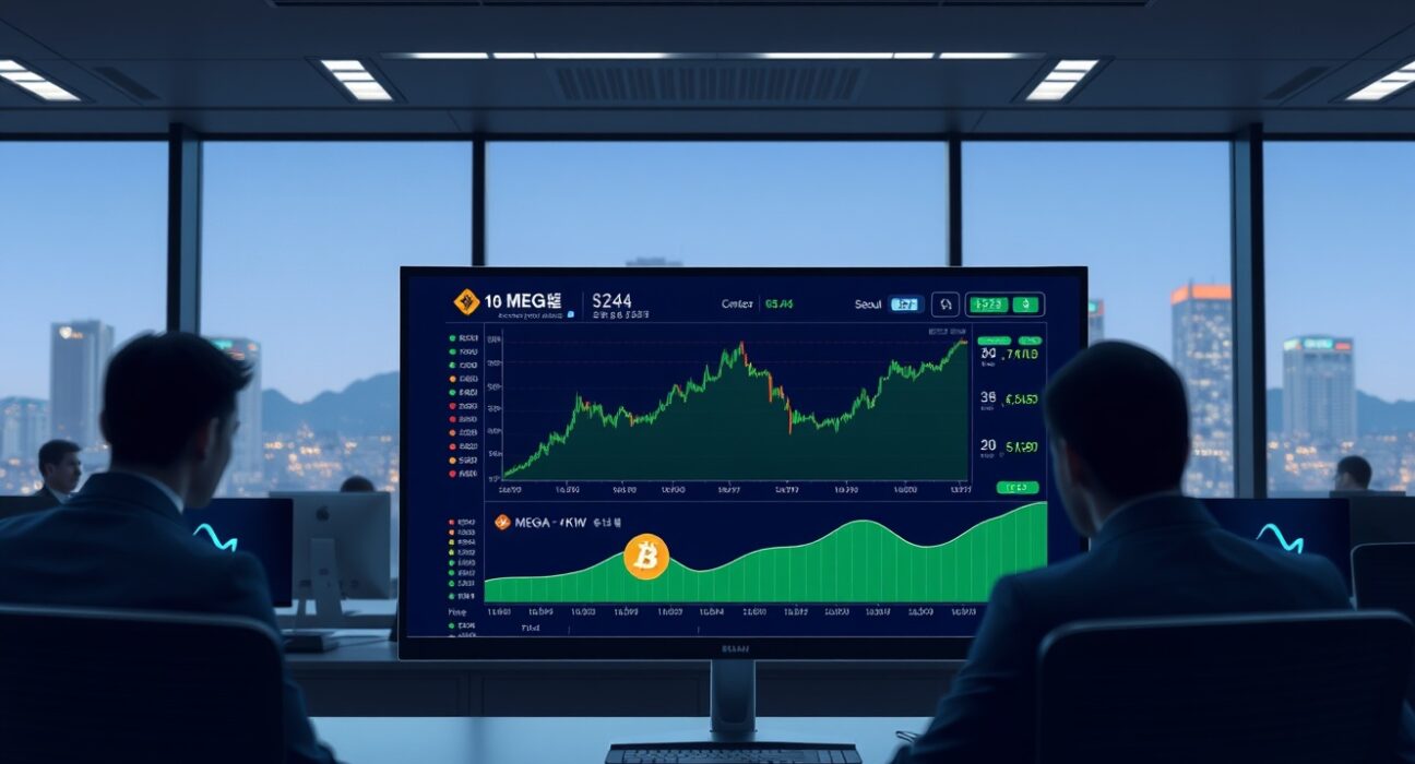 Bithumb exchange screen displaying MEGA KRW trading pair with upward charts, symbolizing the new listing announcement.