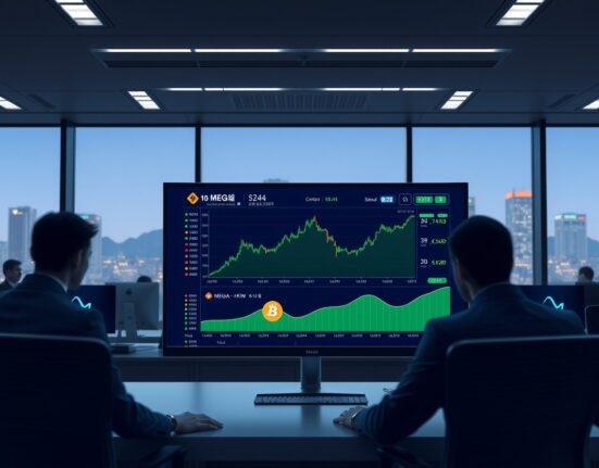 Bithumb exchange screen displaying MEGA KRW trading pair with upward charts, symbolizing the new listing announcement.