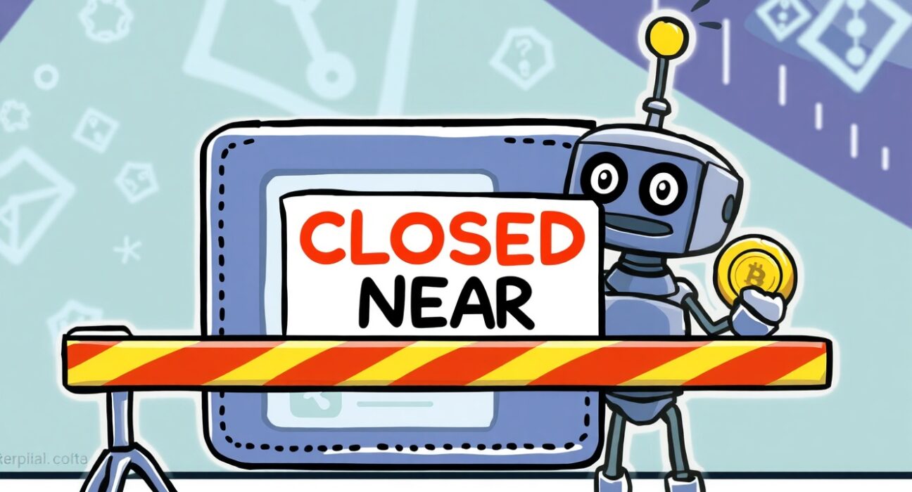 A cartoon illustration showing a temporary halt for NEAR deposits and withdrawals on a crypto exchange, indicating a mainnet upgrade.