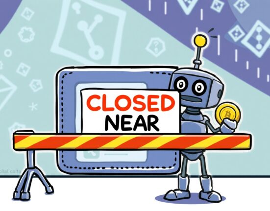 A cartoon illustration showing a temporary halt for NEAR deposits and withdrawals on a crypto exchange, indicating a mainnet upgrade.