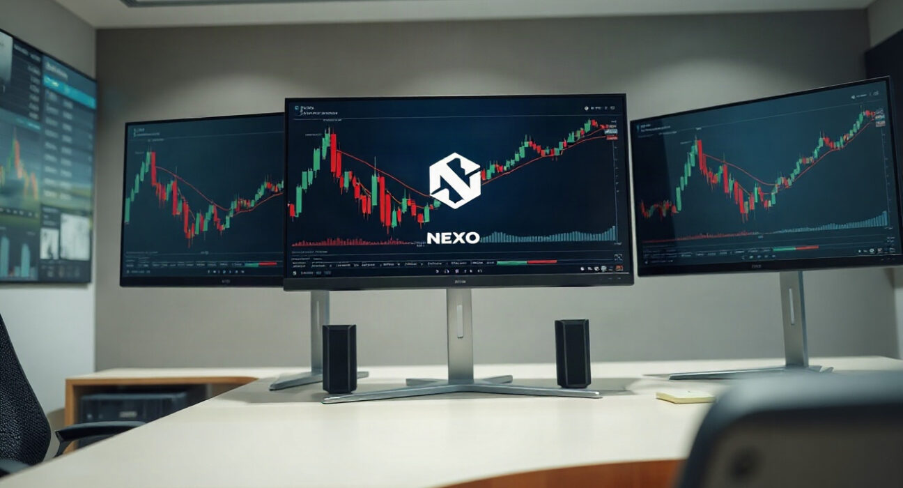 Trading monitors showing cryptocurrency charts, with a focus on the NEXO token listing on Bithumb