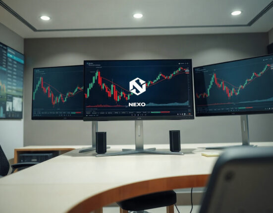 Trading monitors showing cryptocurrency charts, with a focus on the NEXO token listing on Bithumb
