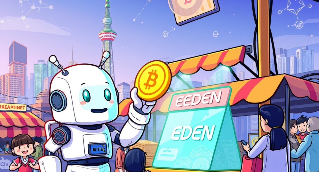 Cartoon illustration of the OpenEden (EDEN) listing process on the Bithumb cryptocurrency exchange in South Korea.