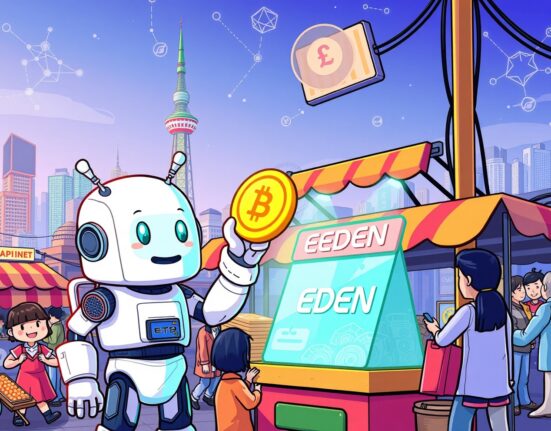 Cartoon illustration of the OpenEden (EDEN) listing process on the Bithumb cryptocurrency exchange in South Korea.