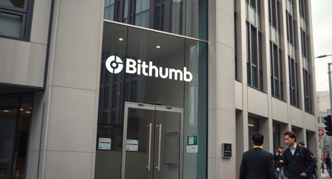 Exterior of a modern office building in Seoul with Bithumb logo visible on glass entrance