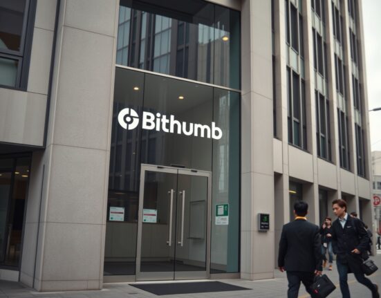 Exterior of a modern office building in Seoul with Bithumb logo visible on glass entrance
