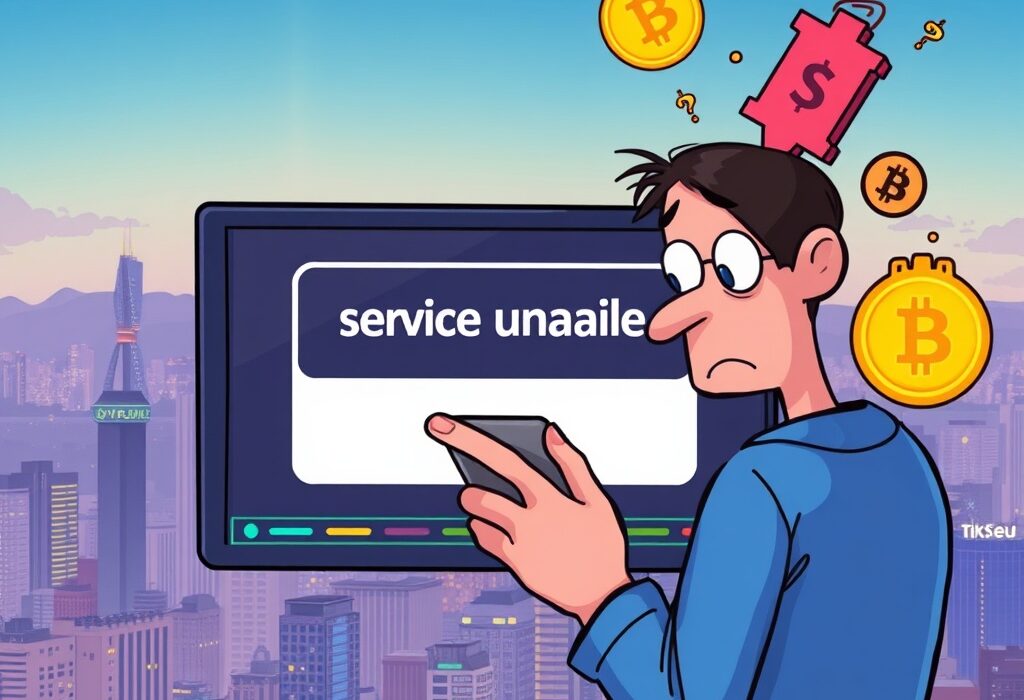 A user frustrated by a Bithumb outage on their phone, symbolizing the sudden service disruption impacting crypto trading.